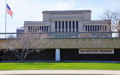 Panoramic mural stretching the length of MacArthur Square to join map of downtown art locations