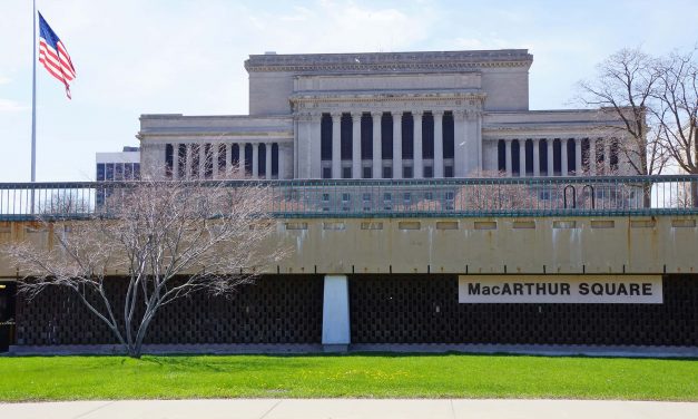 Panoramic mural stretching the length of MacArthur Square to join map of downtown art locations